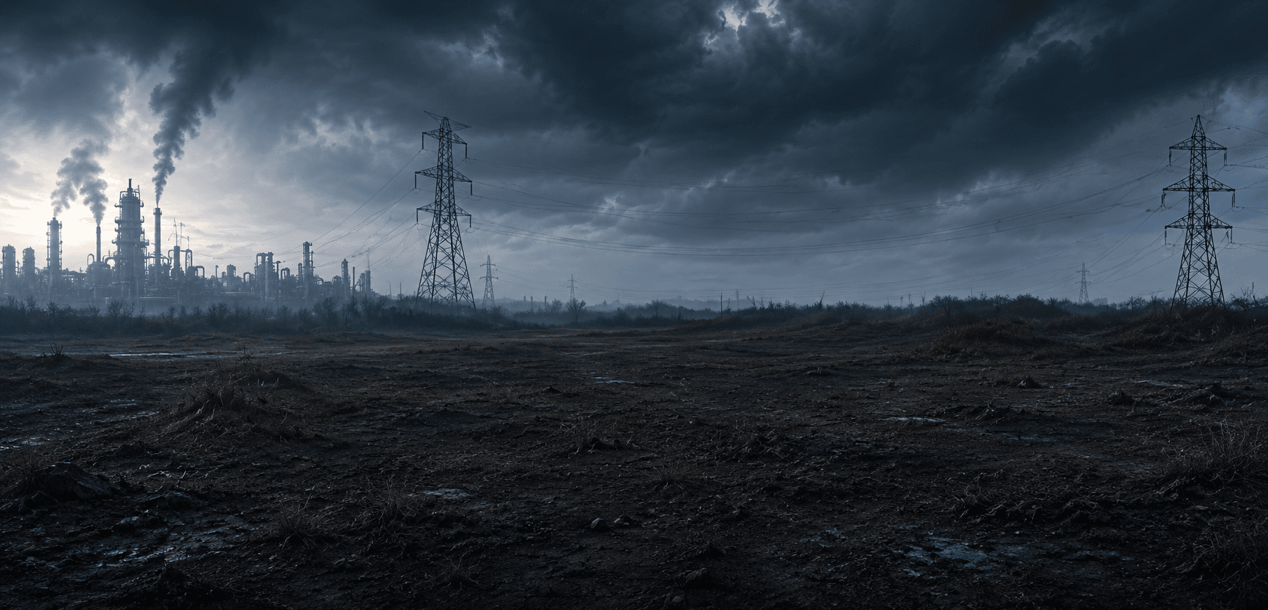 Moody dark backdrop with faint silhouettes of fossil-fuel infrastructure — power pylons and chimneys.