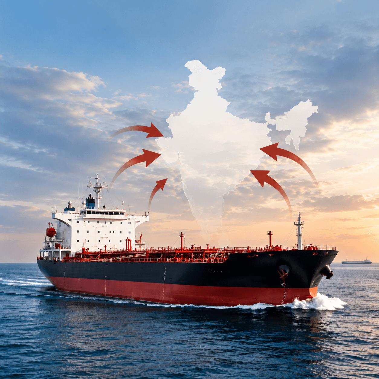Oil tanker on the sea with red arrows pointing toward a faded India map silhouette — fuel import dependence.