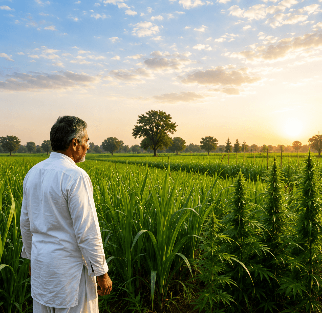 Indian farmer in white attire looking out over a tall hemp/napier field at sunrise.