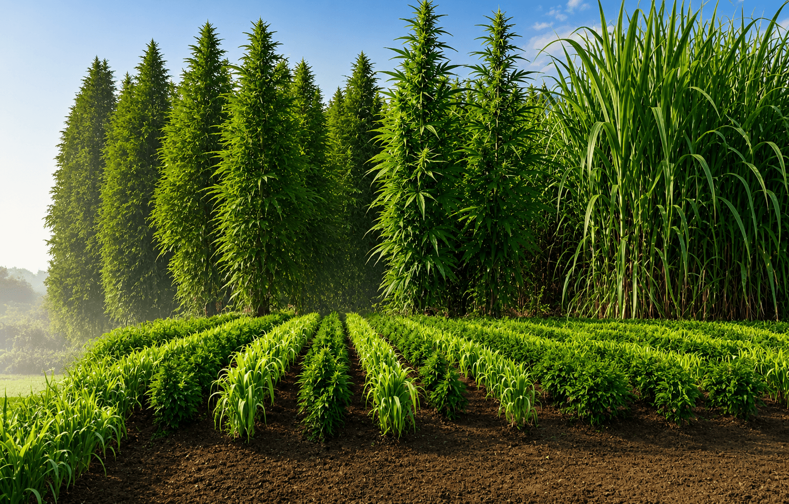 Mature hemp plants and napier grass behind rows of intercropped crops in a clean field.