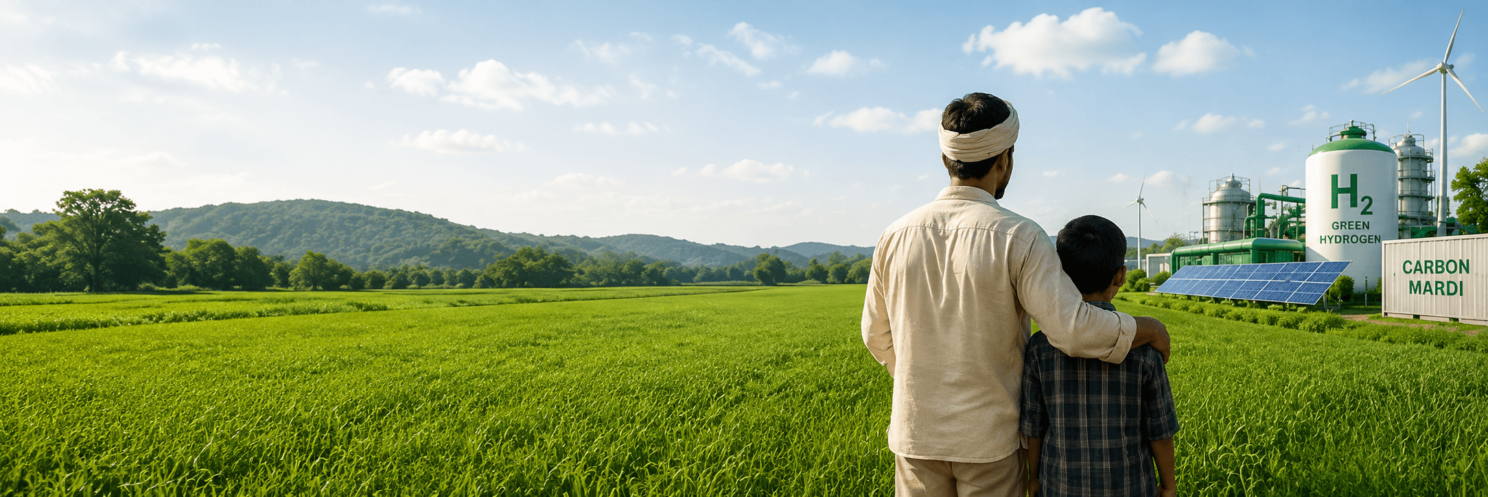 Indian farmer and his child looking out toward a hemp field and a green hydrogen production unit.