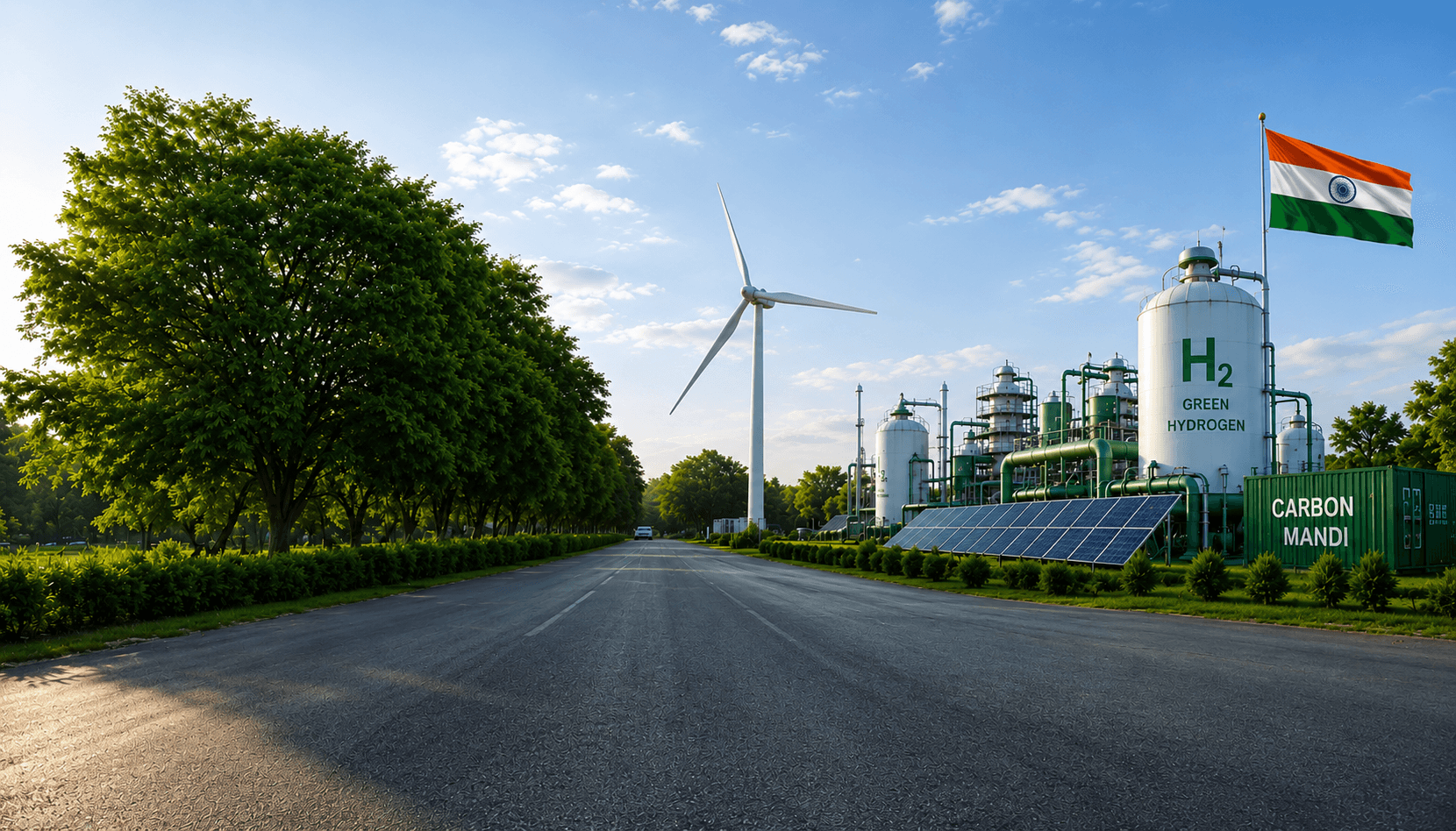 Green hydrogen plant with a wind turbine, solar panels, the Indian flag and a Carbon Mandi container in a green field at daytime.