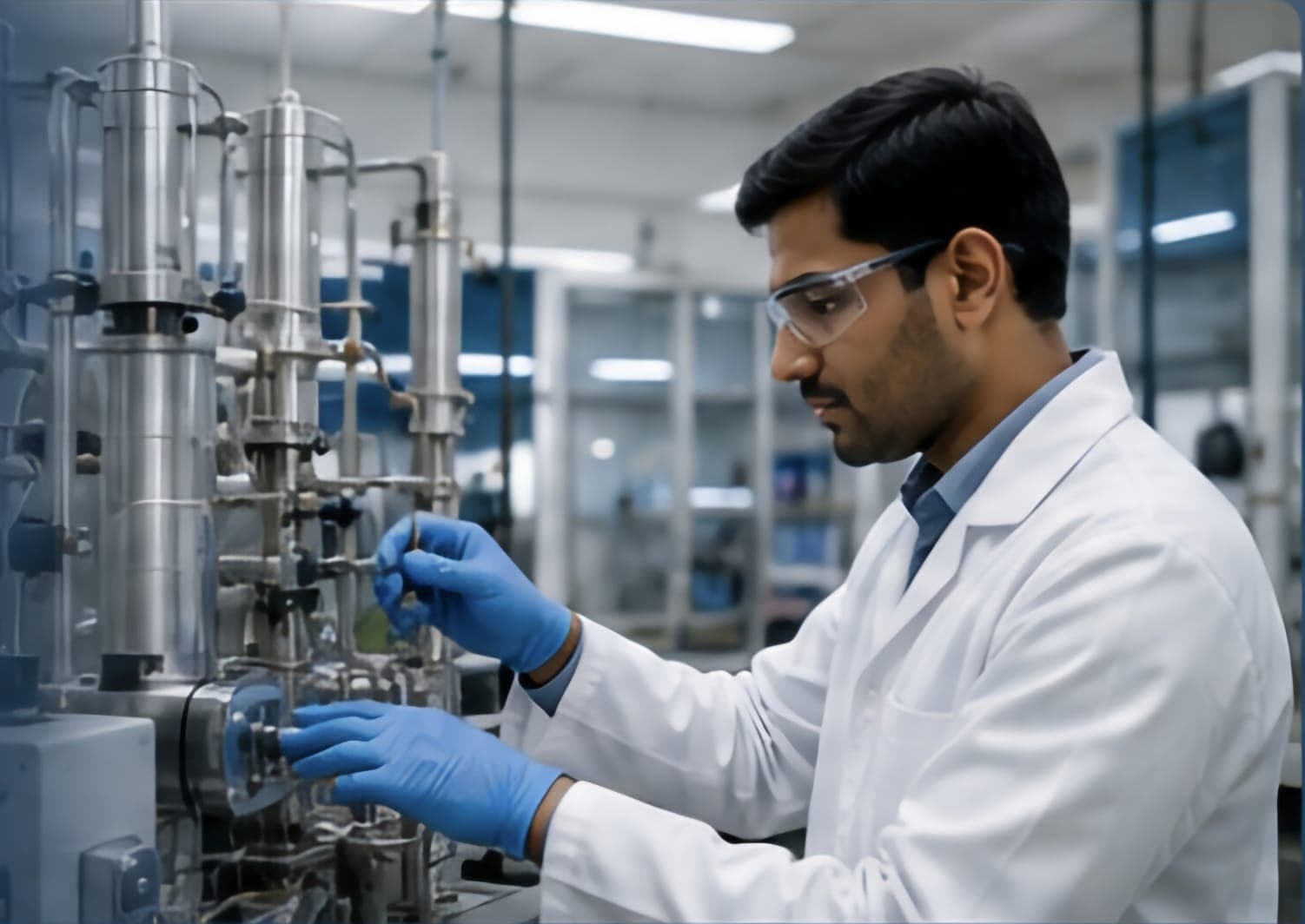 Researcher in lab coat and safety goggles operating gasification / hydrogen-purification equipment at IIT Ropar.