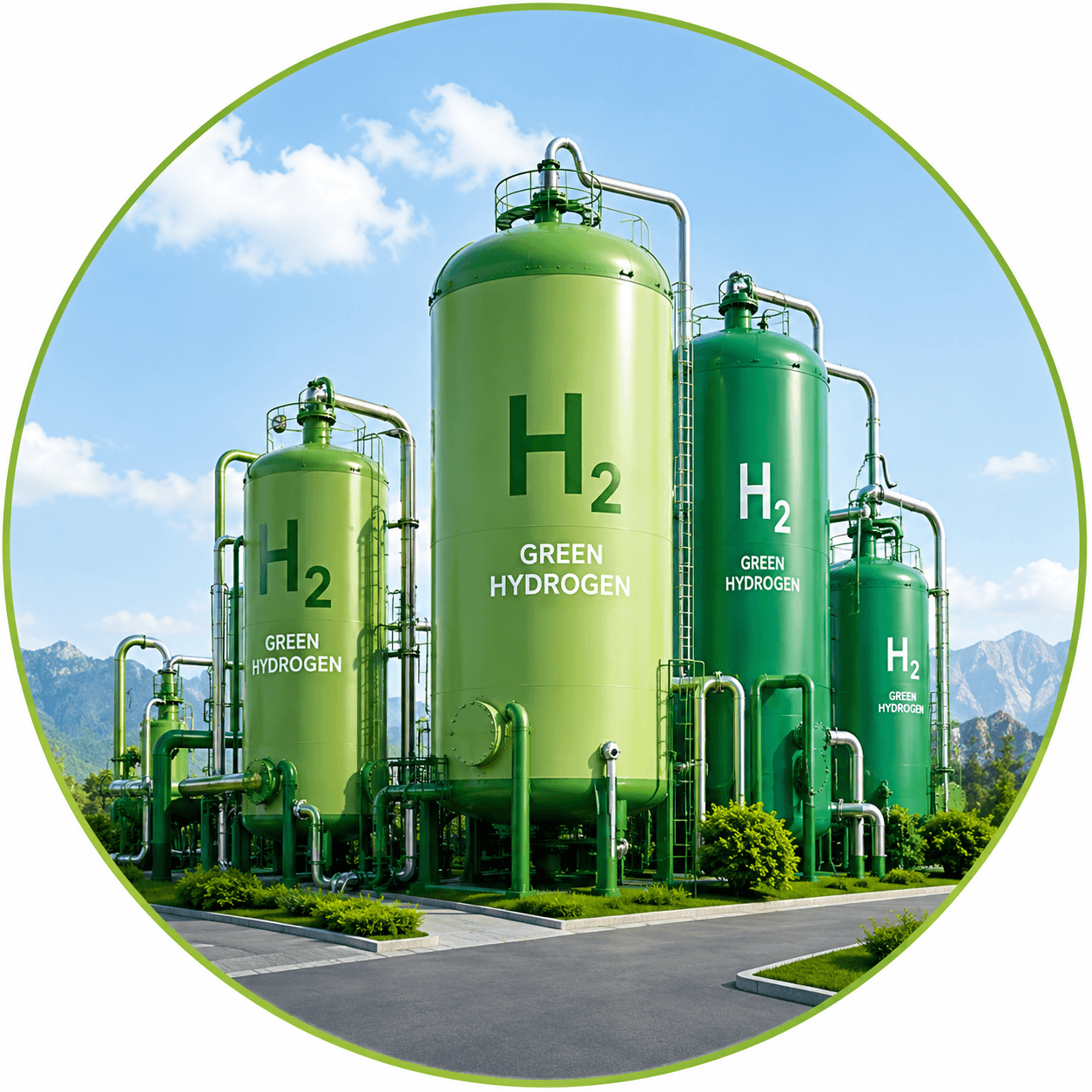 Green hydrogen storage tanks with H2 labelling.