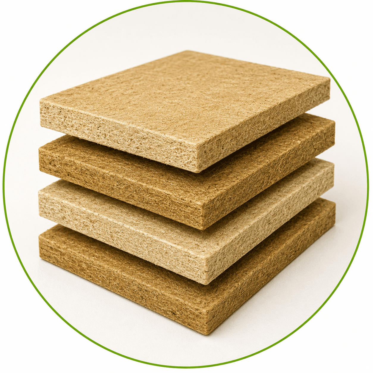 Stacks of hempcrete and biocomposite construction boards.