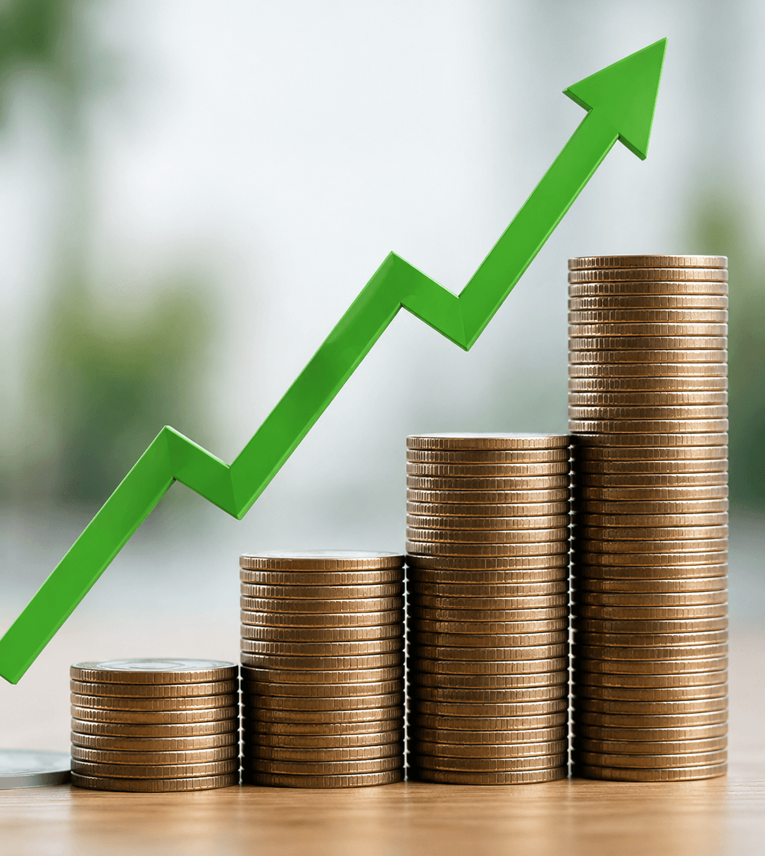 Stacks of coins growing upward against a green growth arrow representing high production cost.