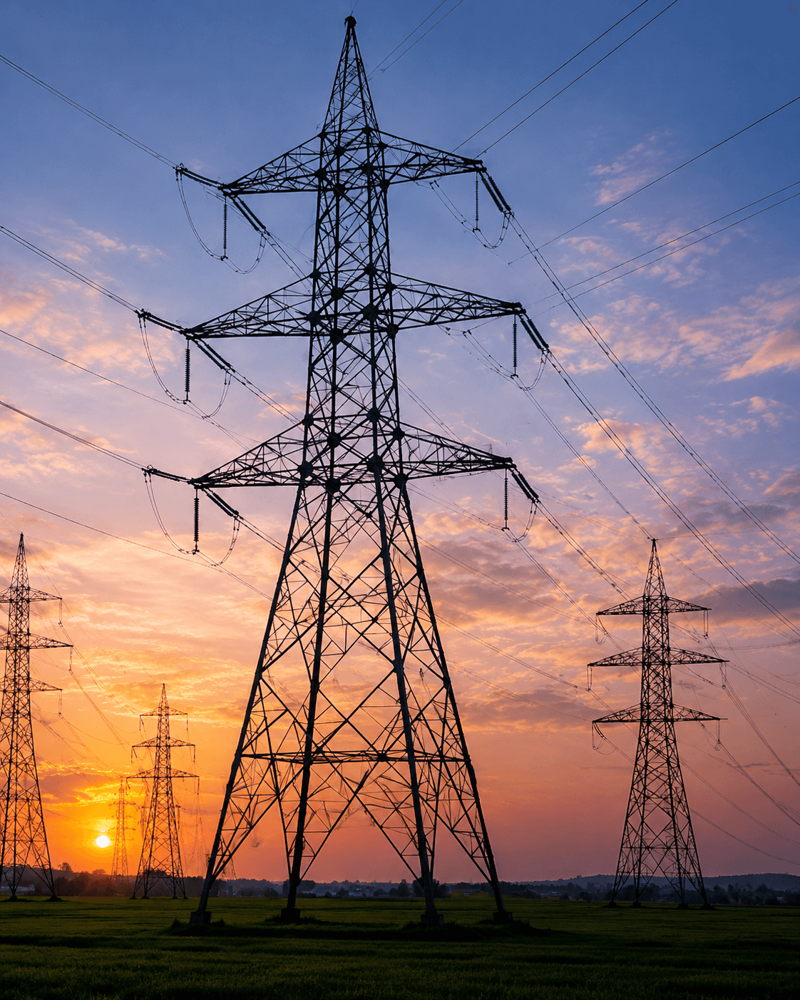 Electricity transmission pylons at sunset symbolising grid dependence and renewable intermittency.