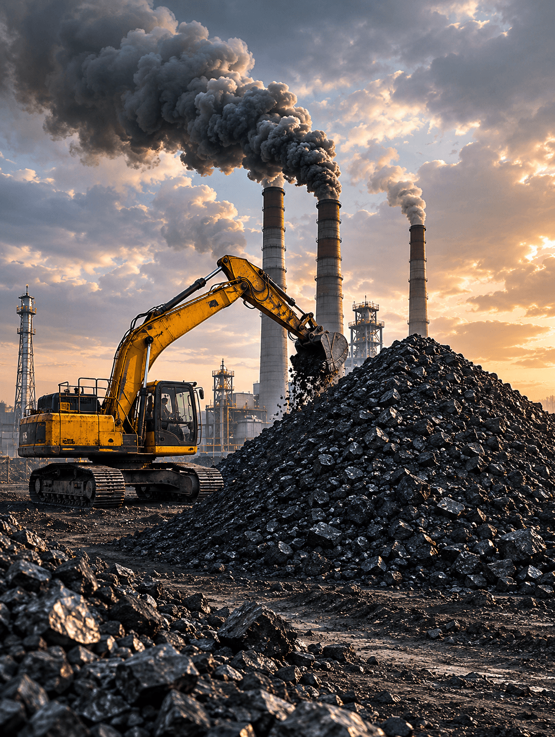 Coal mining operation with industrial machinery and smokestacks in the background.