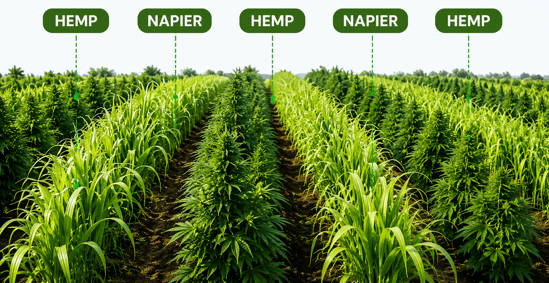 Field of hemp and napier grass intercropped in alternating rows, with HEMP and NAPIER labels above each row.