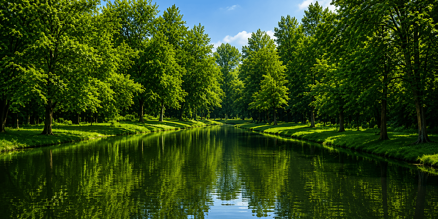 Lush green forest beside a calm river representing carbon-credit climate value.