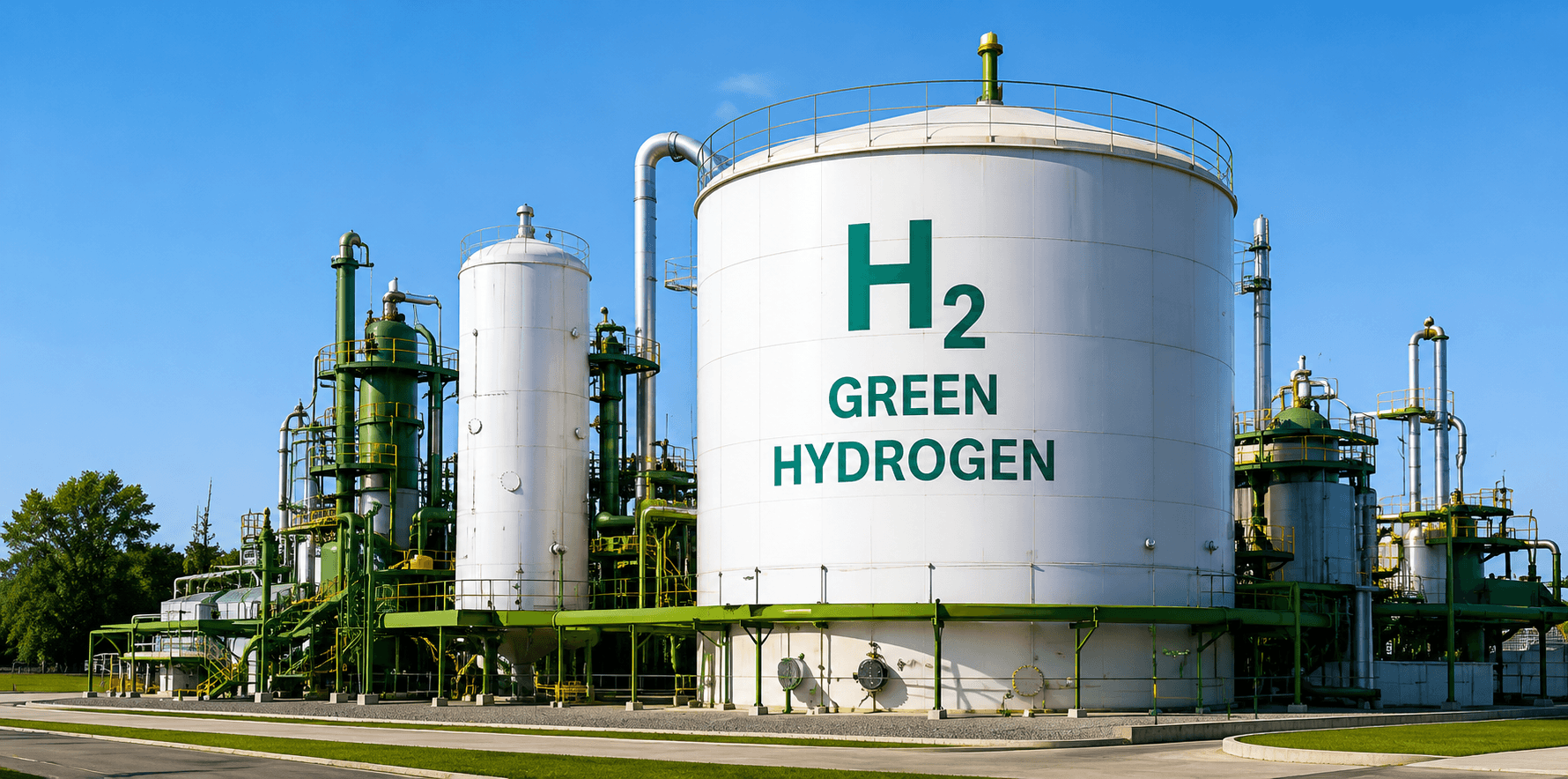 Green hydrogen storage tanks labelled H₂ at a clean production facility.