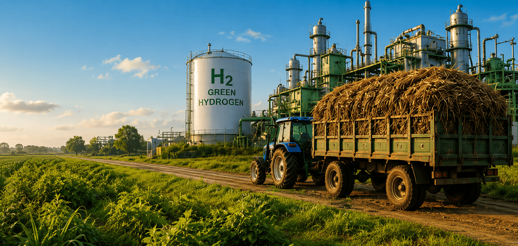 Green hydrogen biomass facility with H₂ storage tanks and a tractor hauling a trailer of harvested biomass through a field at sunrise.