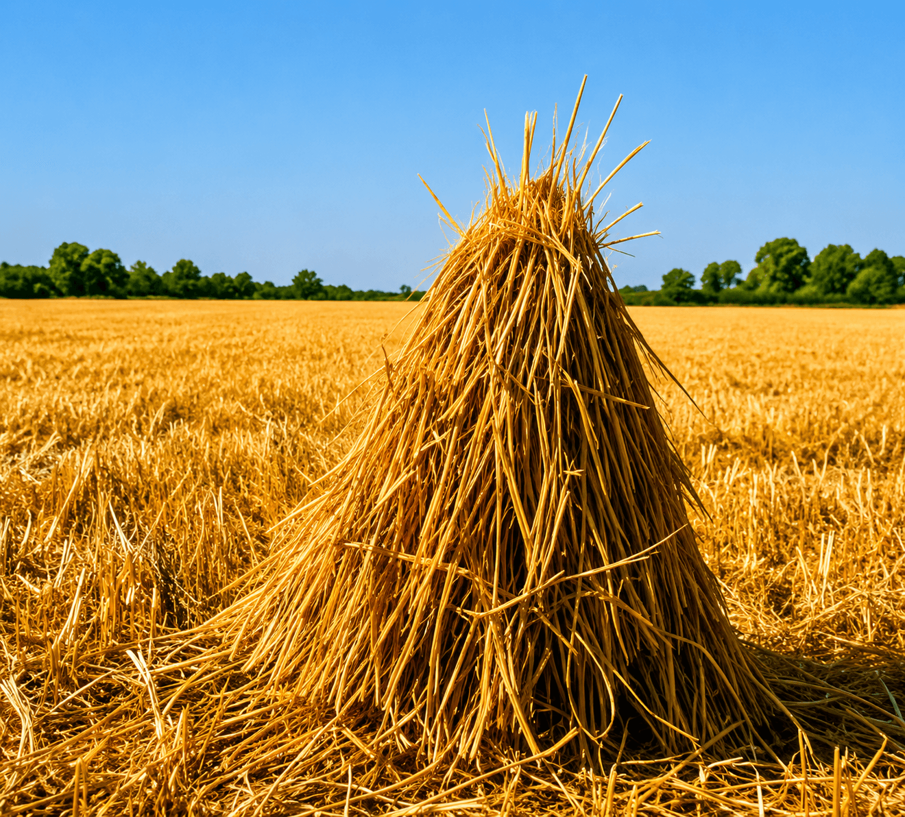 Bundles of paddy straw stacked in a harvested field — agri-residue for clean energy conversion.