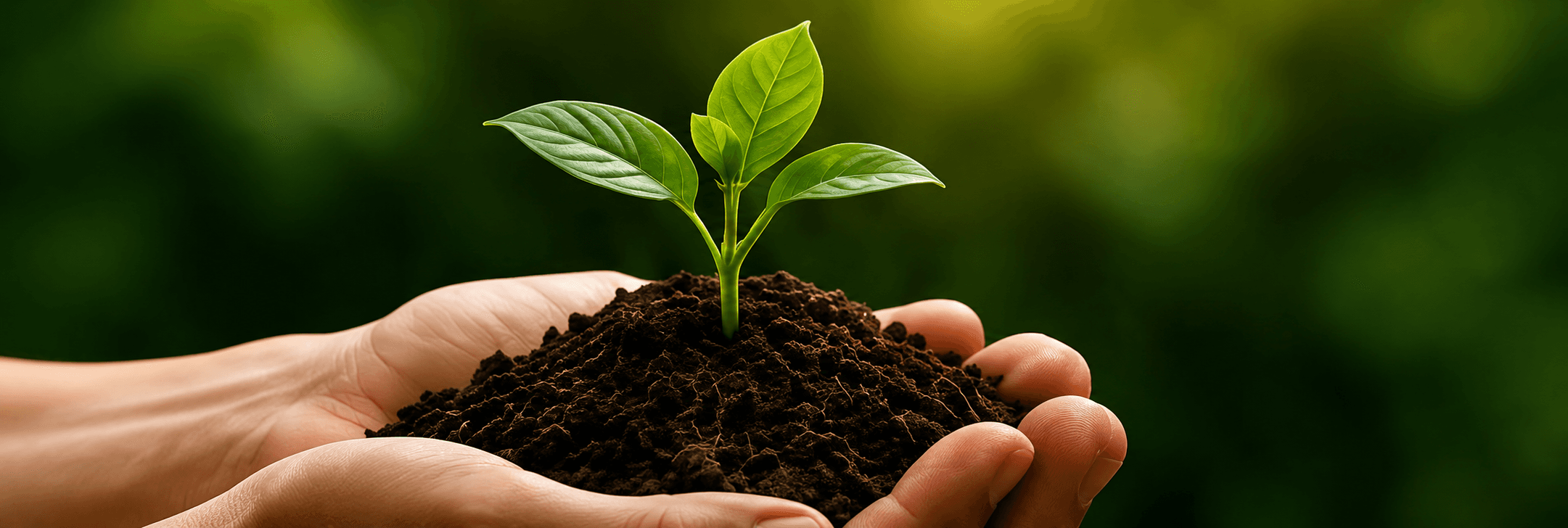 Two cupped hands holding fresh soil with a young green plant sprouting — growing India's green future together.