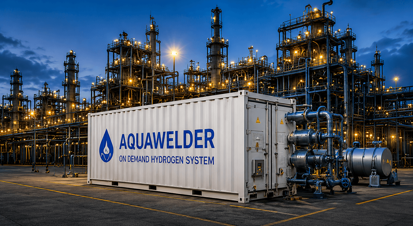 AquaWelder on-demand hydrogen generation and storage container unit at a steel plant at dusk.