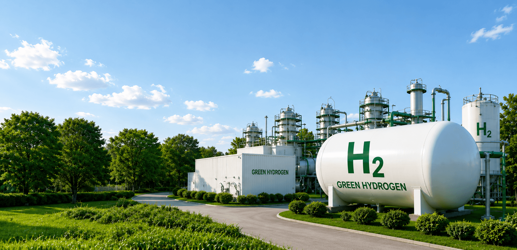 Green hydrogen production plant with a large H₂ storage tank and processing units set in green surroundings.