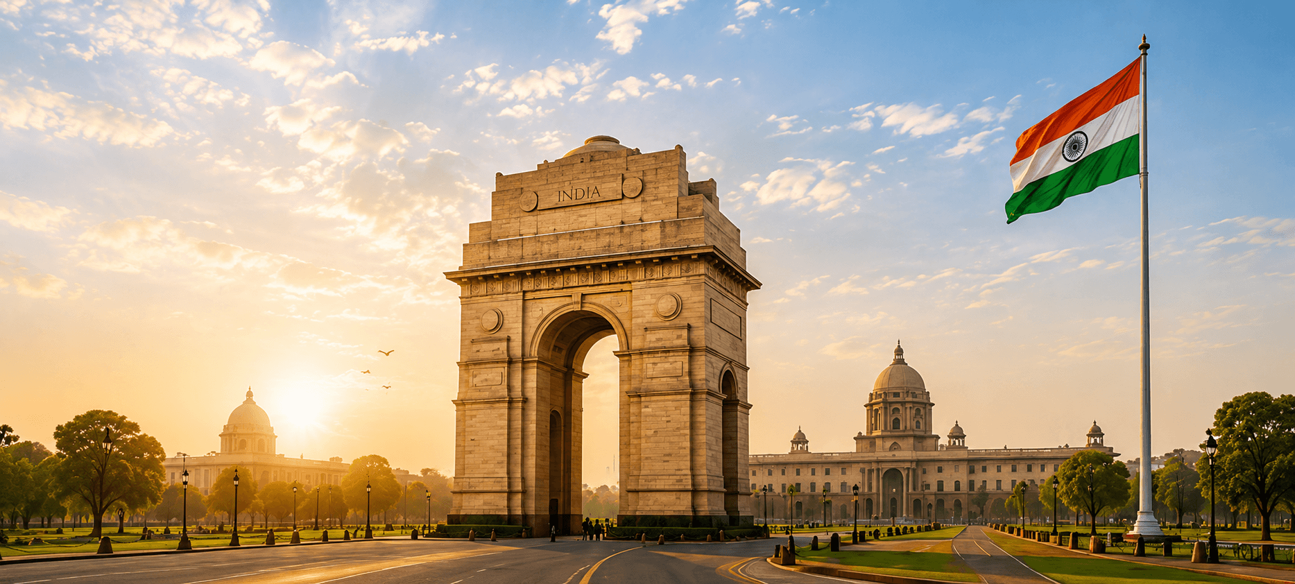 India Gate and Rashtrapati Bhavan at sunrise with the Indian tricolour flying — national initiatives for a self-reliant India.