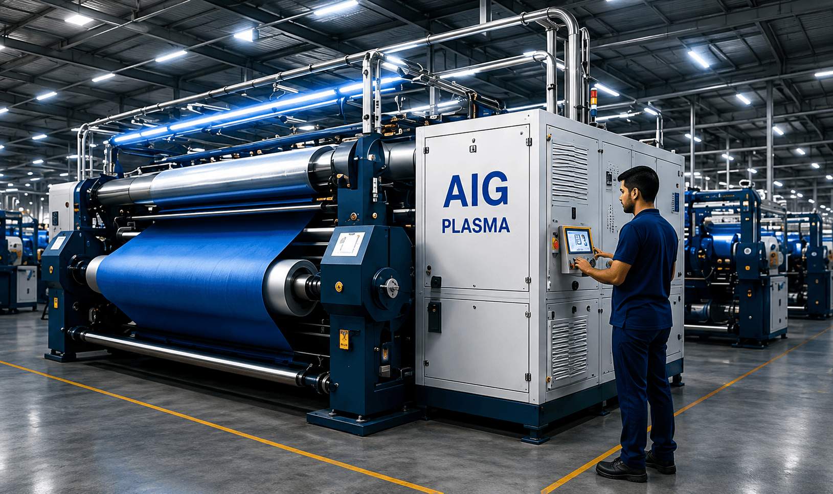 Zero-water plasma textile processing line inside a modern factory, with an operator at a control panel.