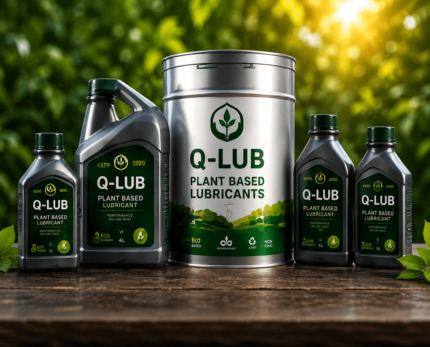 Range of Q-LUB plant-based lubricant canisters and bottles arranged beside fresh green leaves.