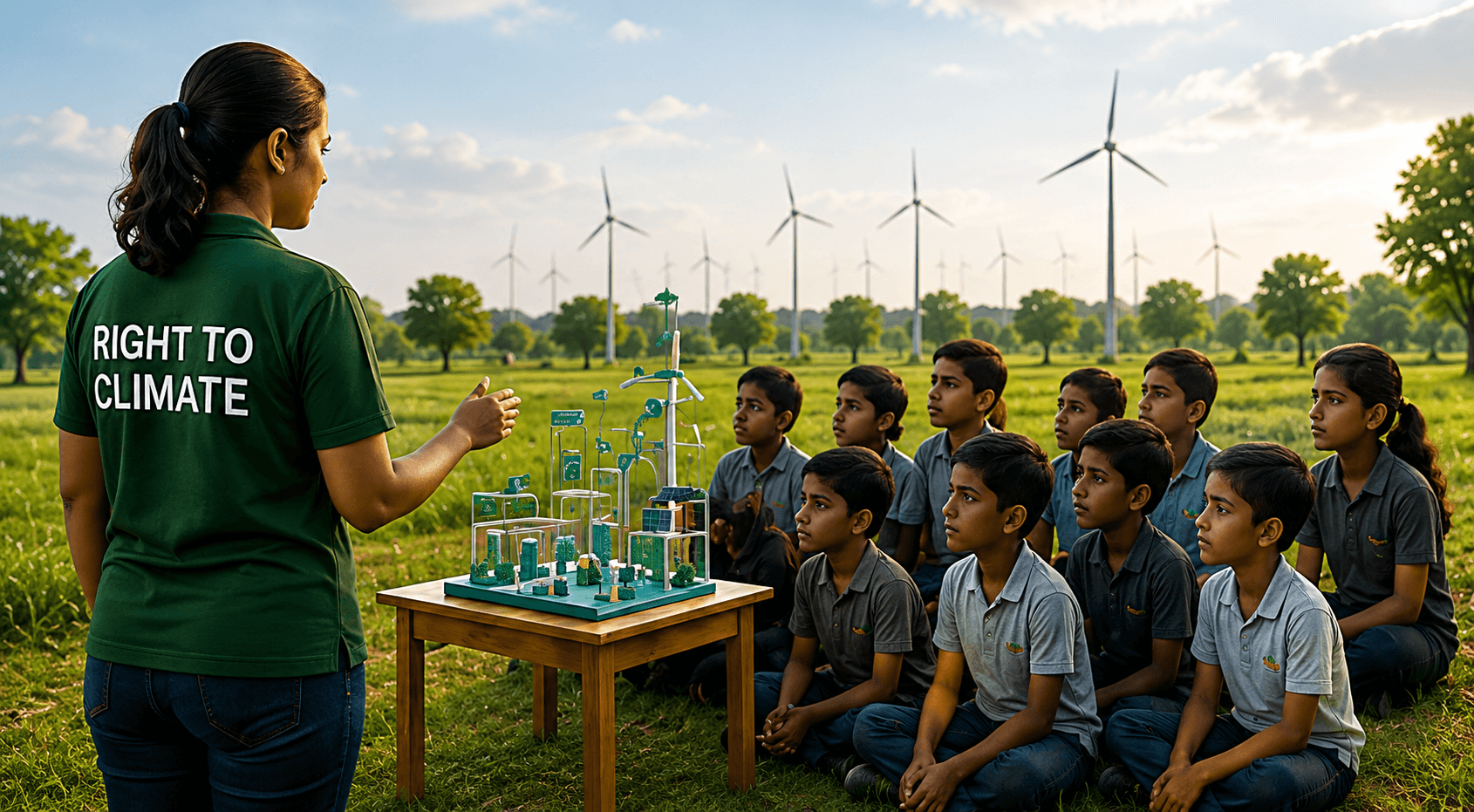 Right to Climate field educator demonstrating green hydrogen models to schoolchildren outdoors near wind turbines.