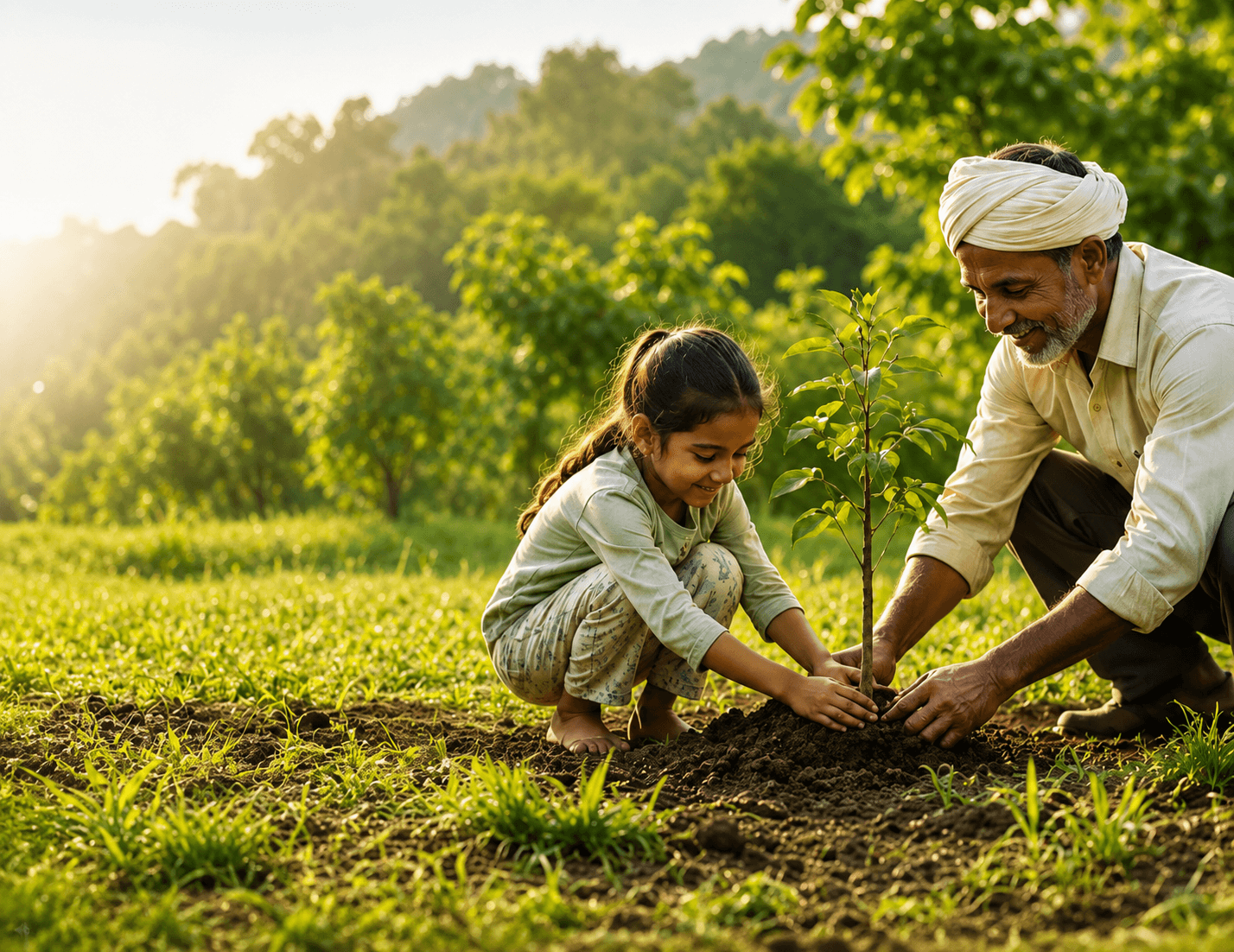 Indian farmer and a young girl together planting a sapling in fresh soil at golden sunrise.