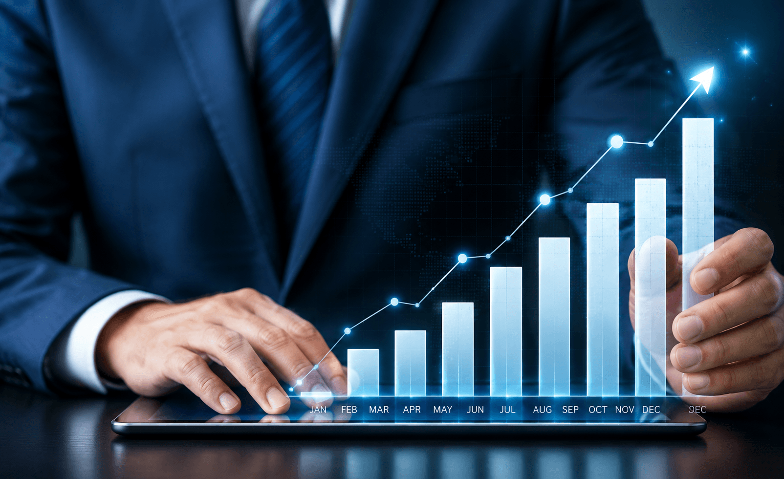 Investor reviewing financial growth charts on a tablet.