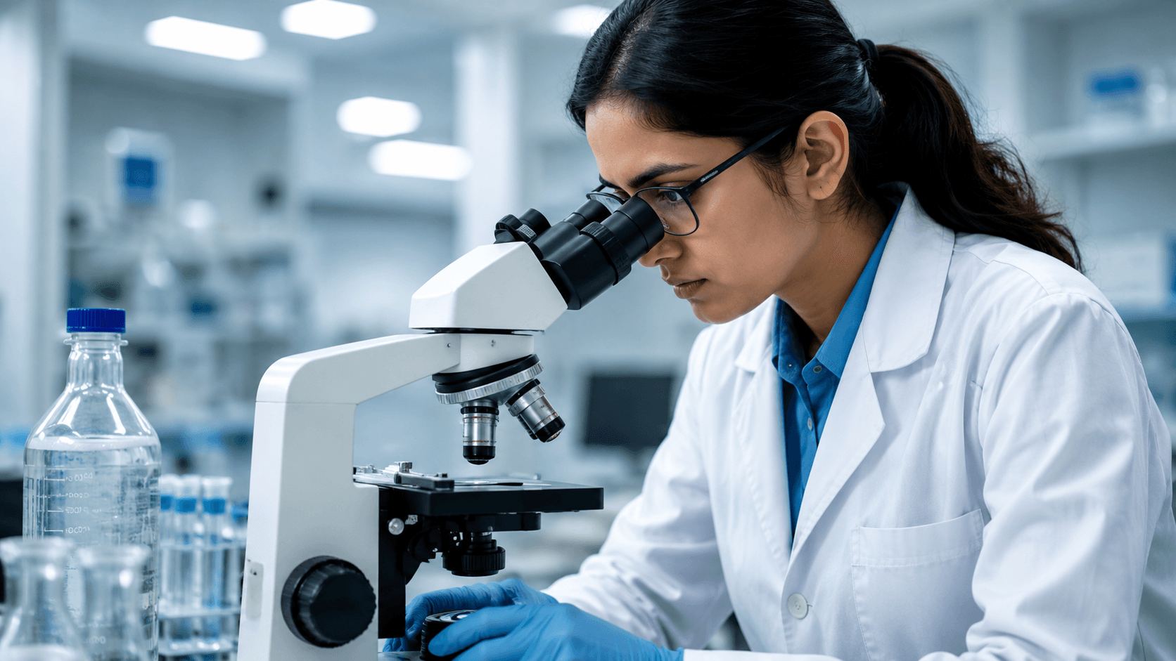 Researcher operating a microscope in a laboratory.