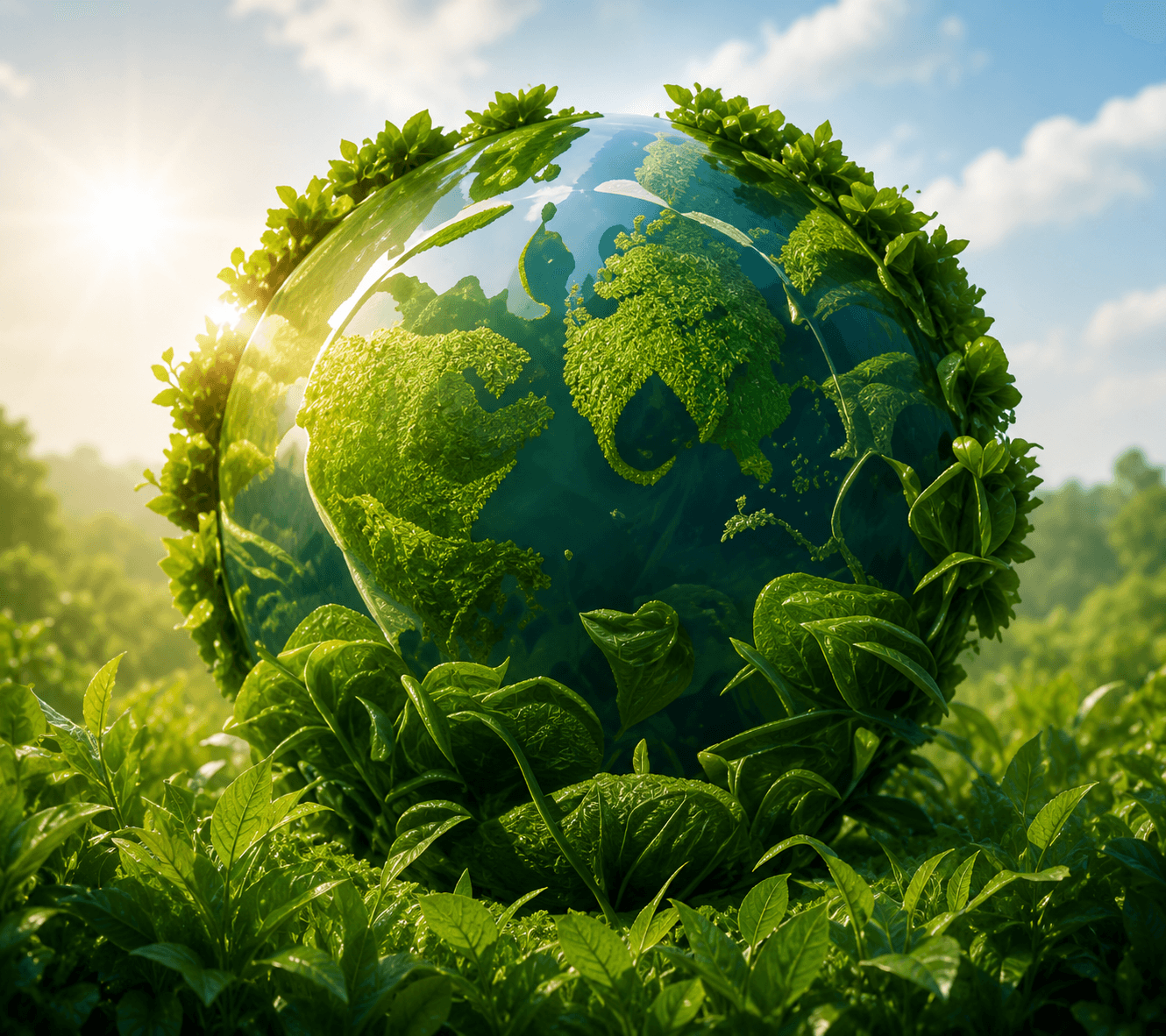 Stylised green globe with leaves representing climate-positive growth.