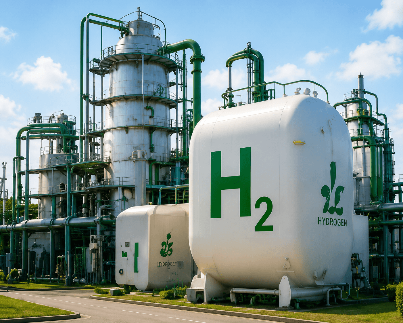 Clean industrial plant with H2 tank and modular green hydrogen infrastructure.