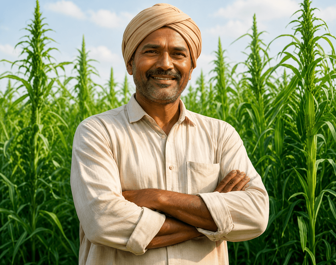 Smiling Indian farmer in turban standing in a hemp field.