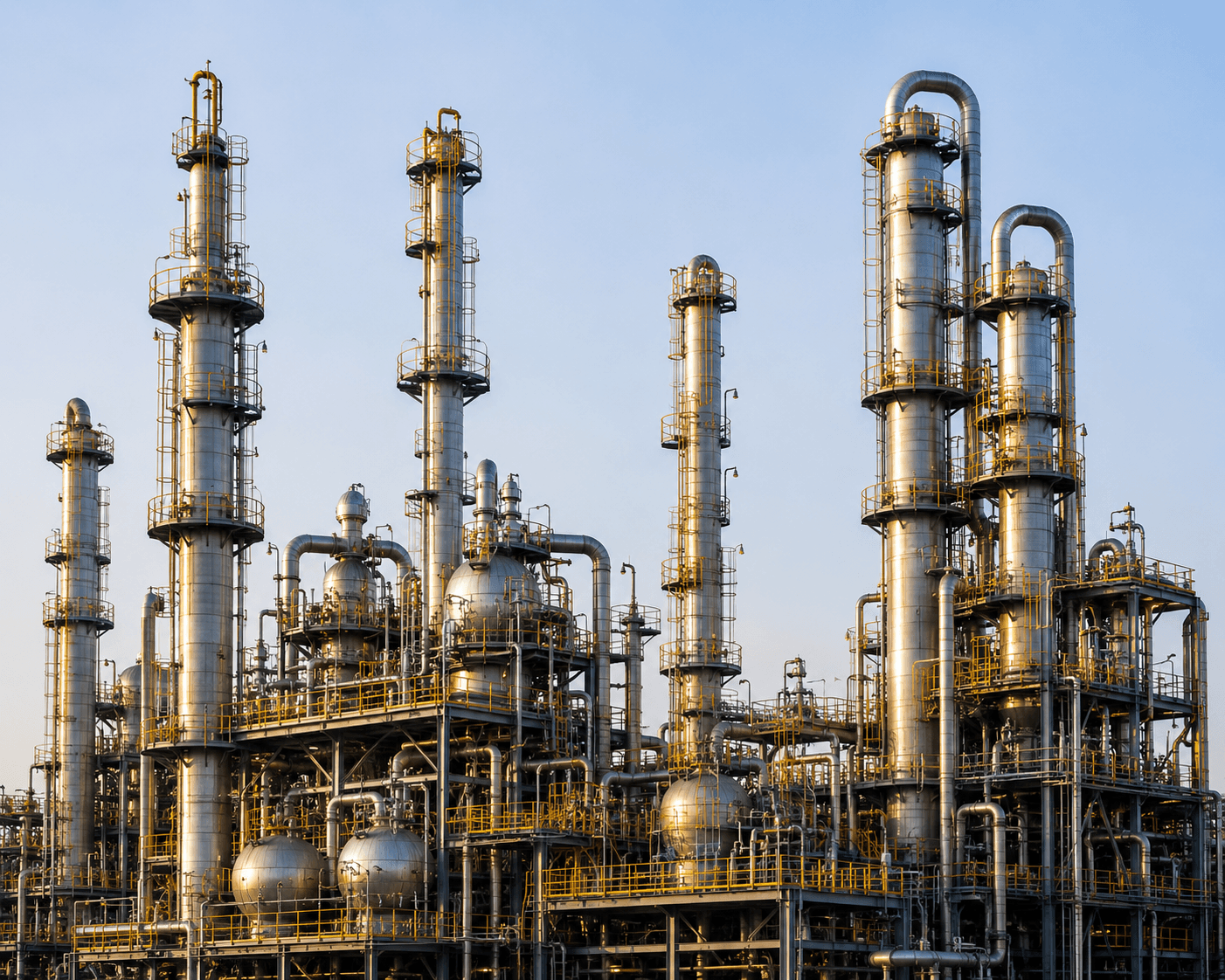 Industrial chemical plant with smokestacks and processing units.