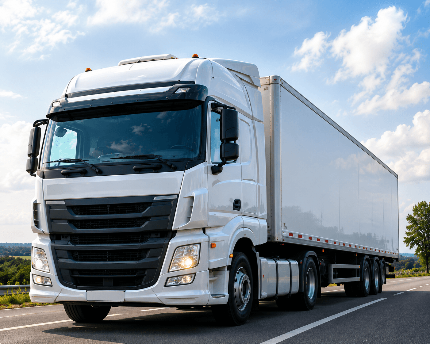 Hydrogen fuel-cell freight truck on a highway.