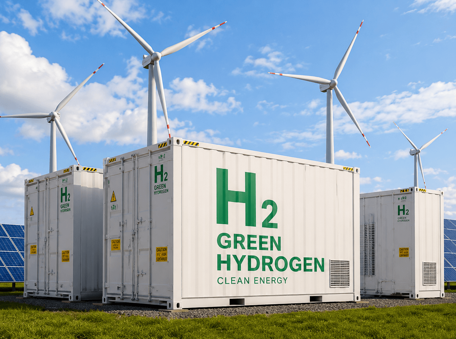 Hydrogen energy storage containers with renewable energy infrastructure.