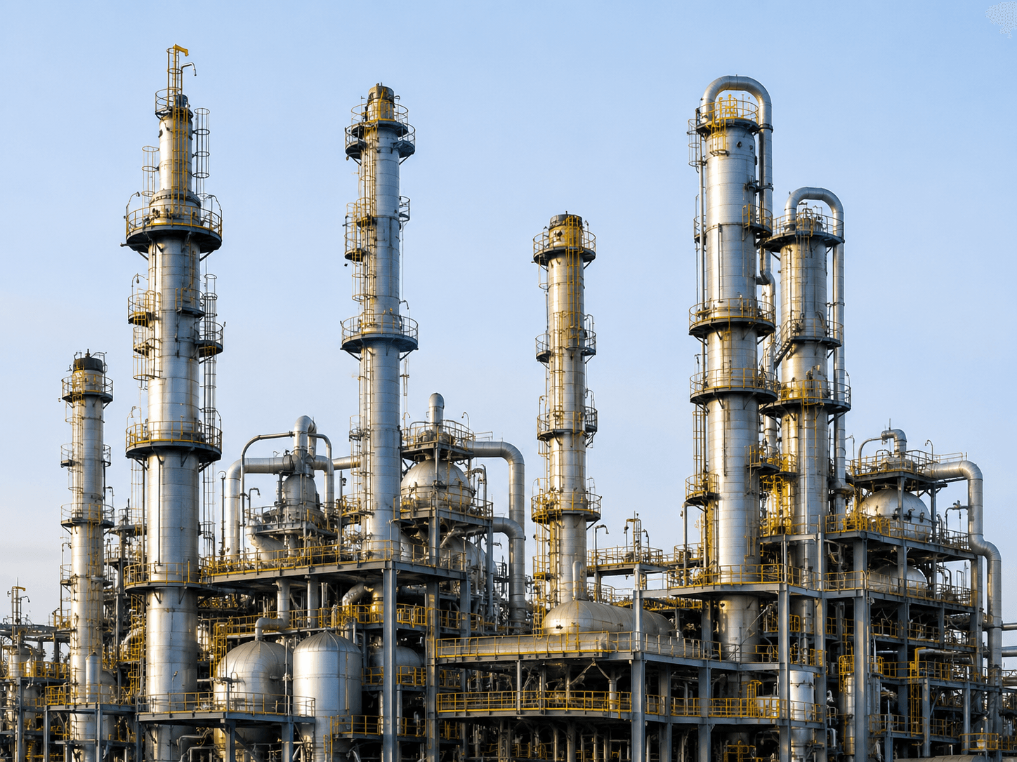 Petrochemical refinery with distillation columns and piping at twilight.