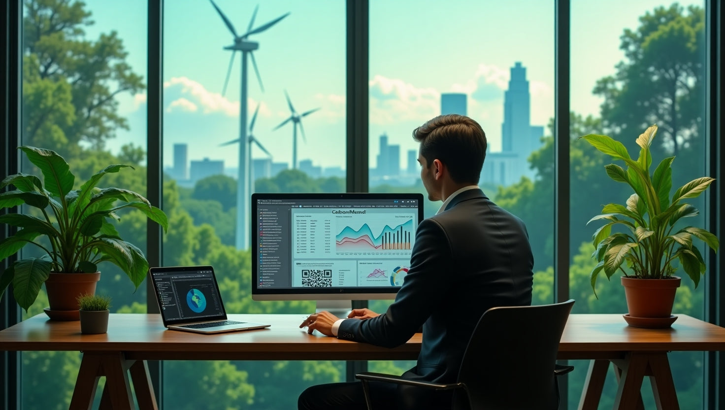 Professional infographic showing carbon credits market and environmental projects in India with clean energy and sustainability icons
