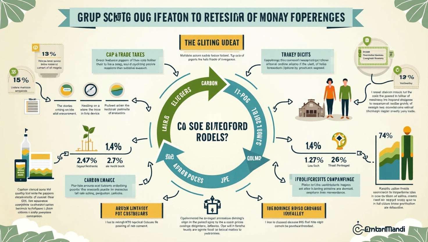 Infographic illustrating different carbon pricing models such as carbon tax, cap-and-trade, and baseline-and-credit with industry and environment icons