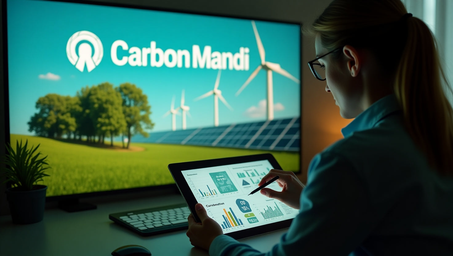 Professional infographic showing a digital document labeled 'Carbon Credits PDF' with charts and eco-friendly icons