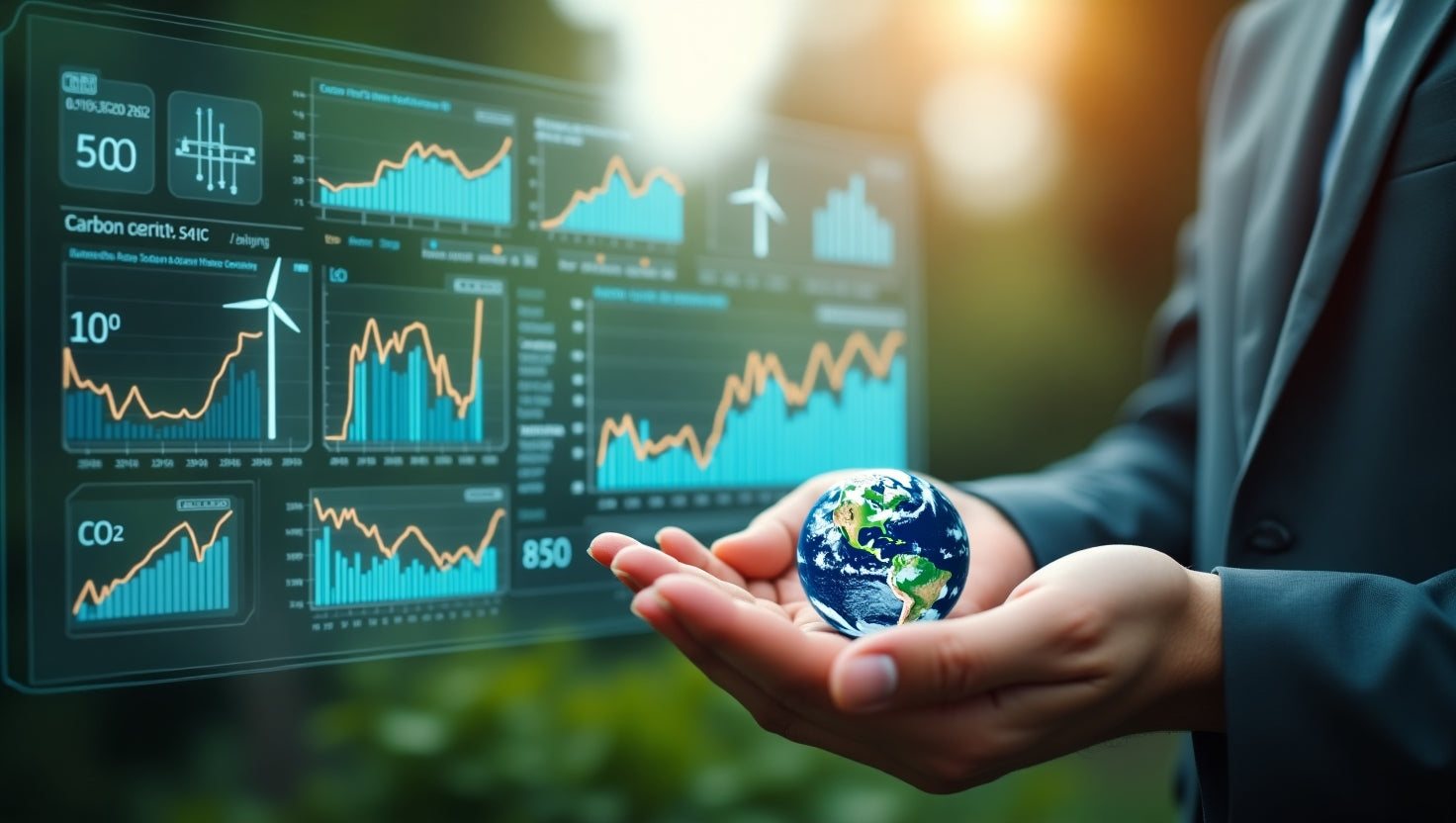 Professional infographic showing voluntary carbon credit price trends with charts and eco-friendly icons