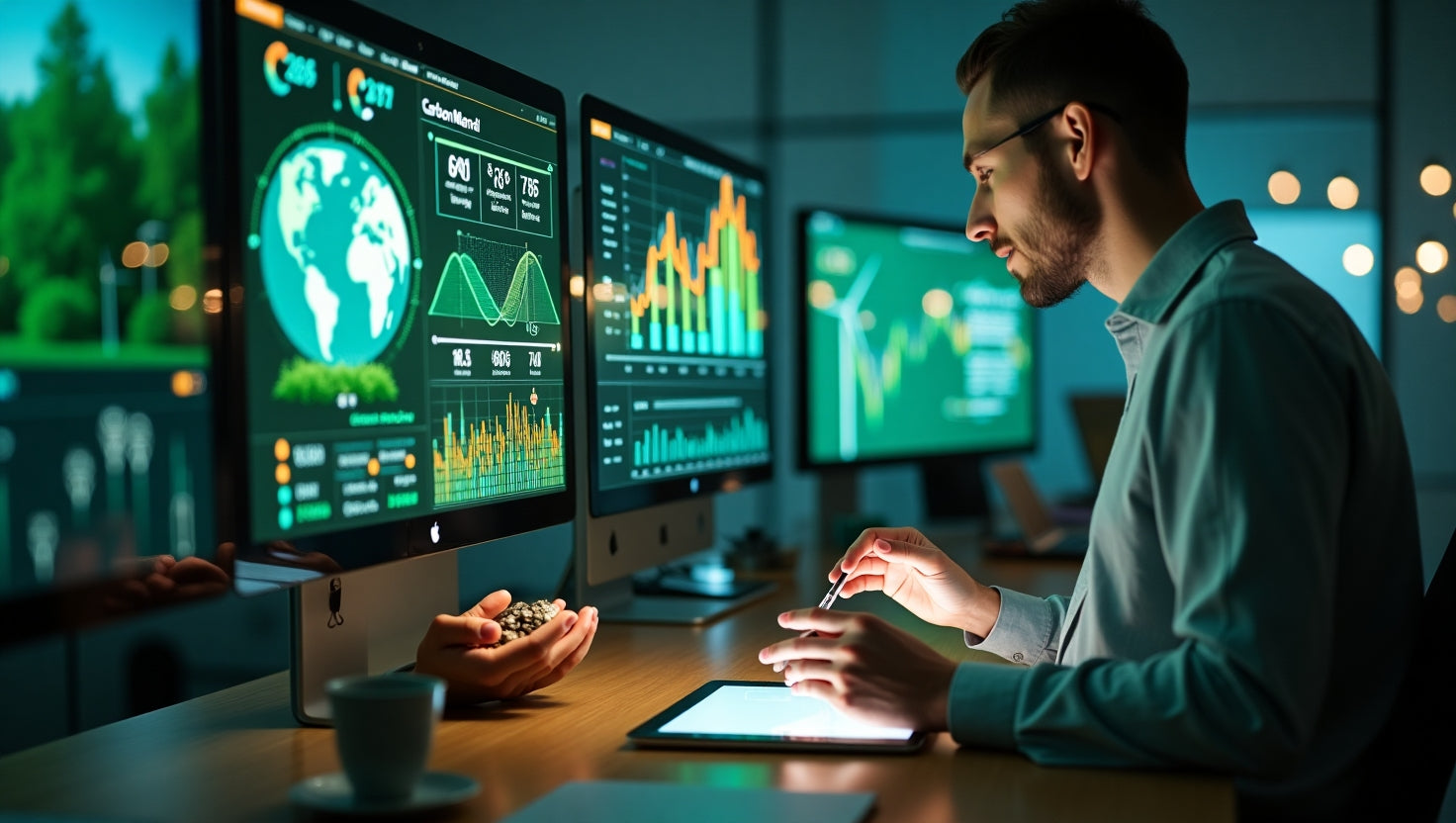 Professional illustration showing carbon credits for sale with digital tokens and green energy icons