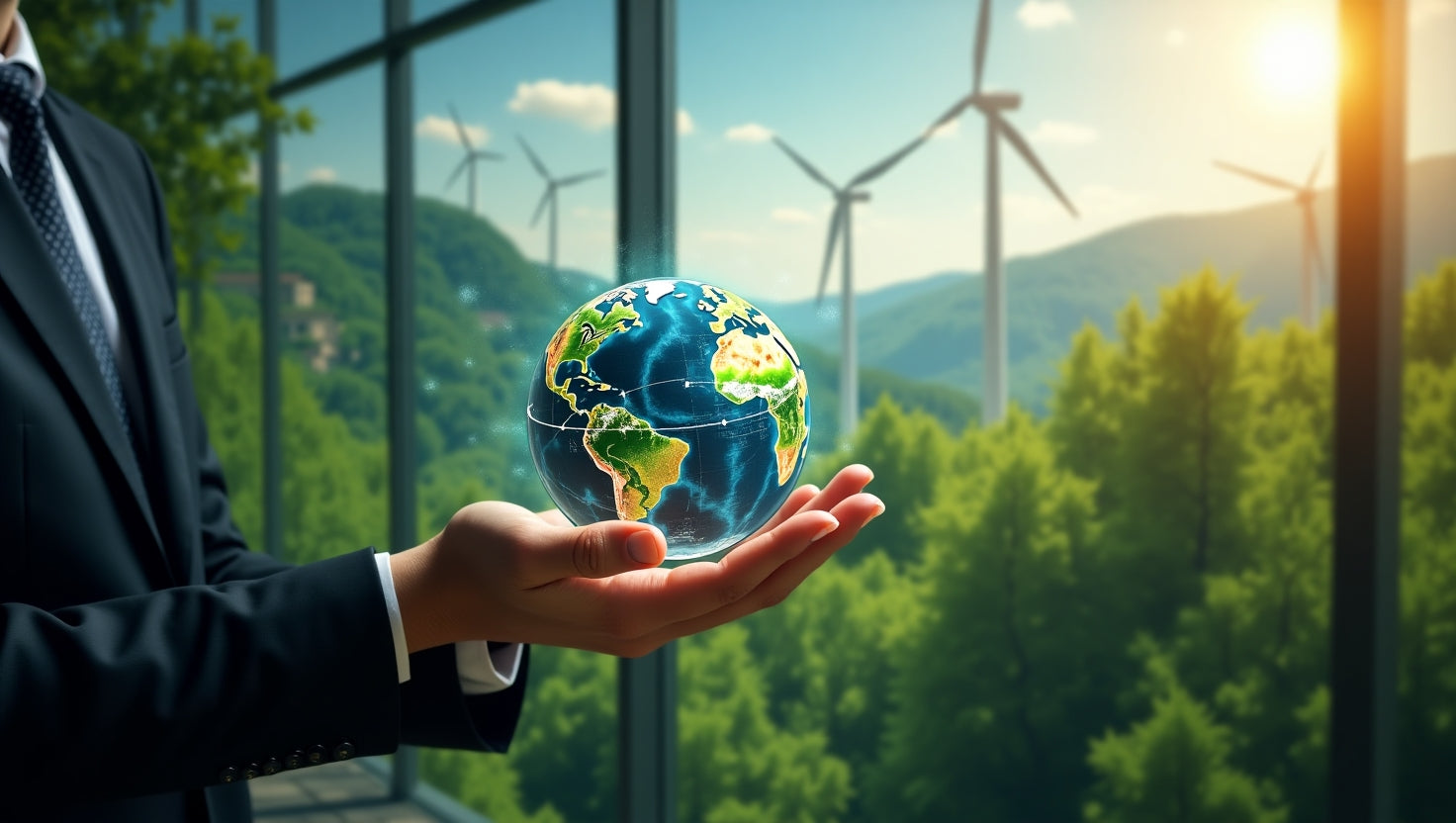 Professional image showing a businessperson analyzing carbon credit certificates with a digital interface background