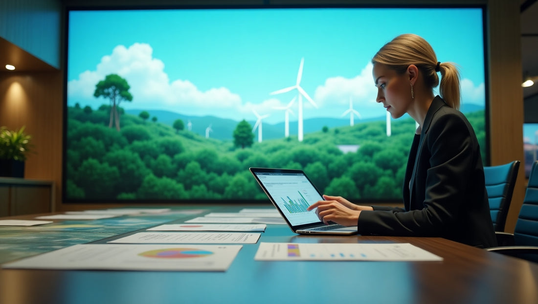 Professional illustration showing carbon credits certification process with certificates and green energy icons