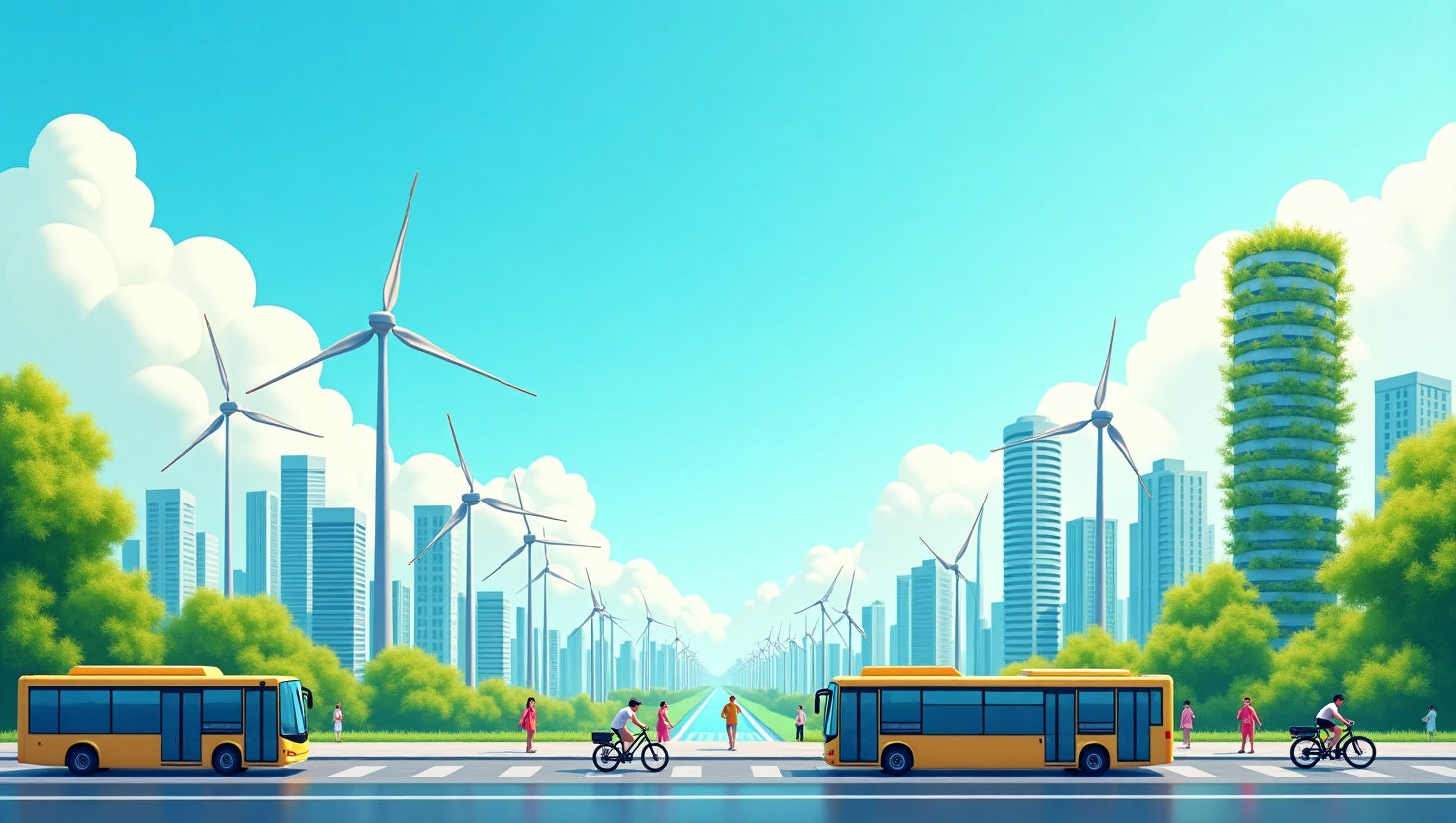 Modern illustration showing wind turbines, solar panels, and a city skyline representing a low carbon economy and sustainable growth