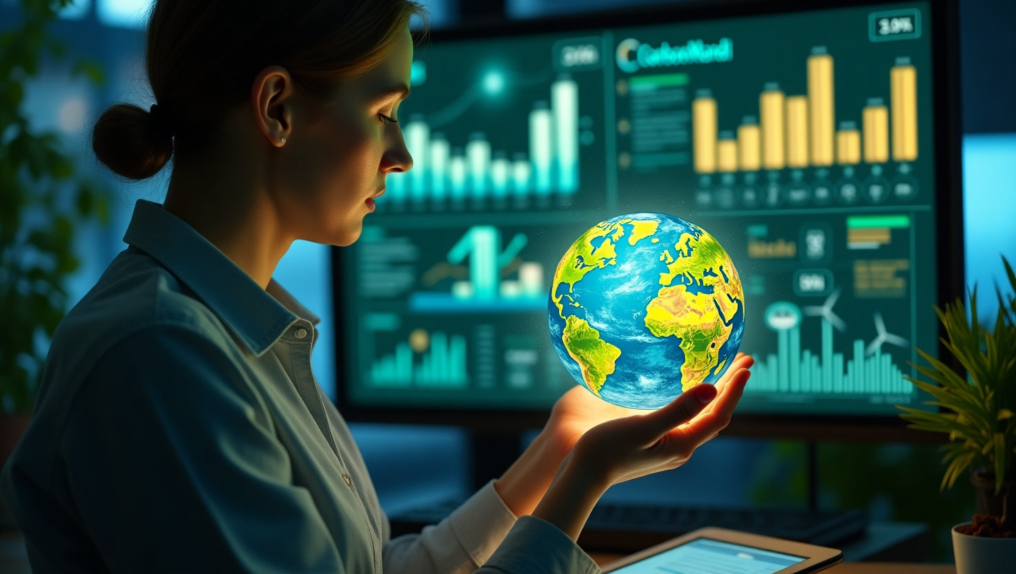 Professional image showing carbon credit registration process in India with digital documents and green energy icons