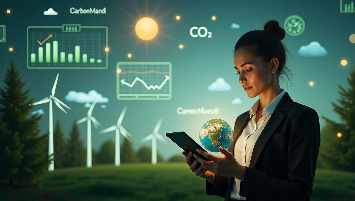 Professional infographic showing advantages and disadvantages of carbon trading with charts and icons