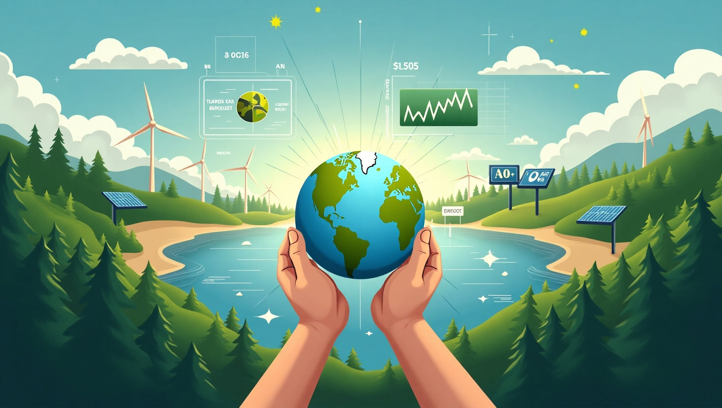 Professional illustration showing carbon offsetting process with trees, factories, and carbon credits