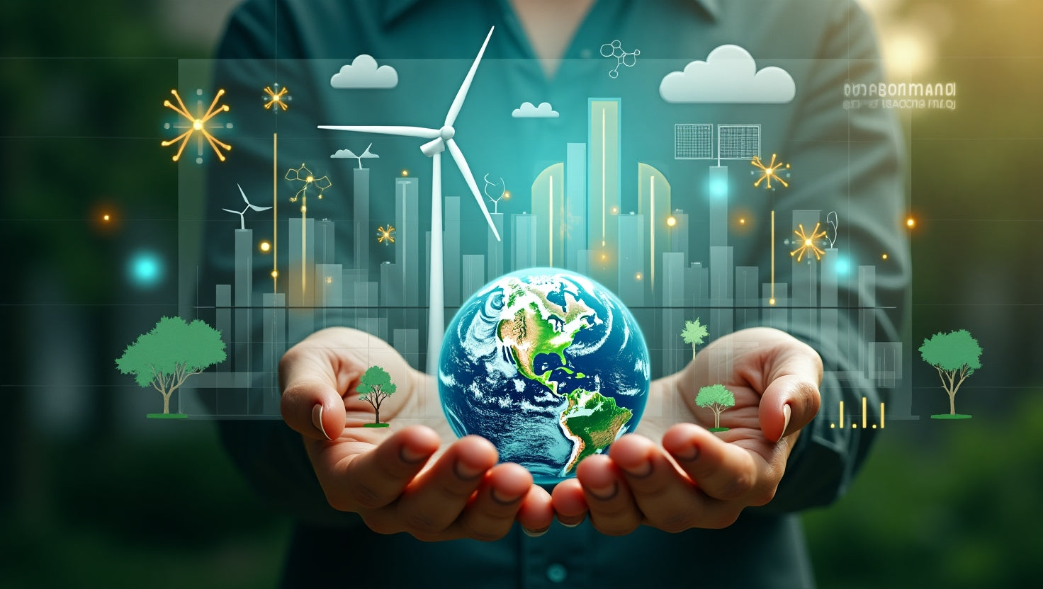 Professional illustration showing carbon credits trading with digital graphs and green energy icons