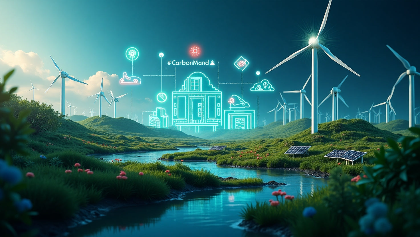Modern professional illustration depicting sustainability goals with icons for carbon reduction, renewable energy, and environmental impact