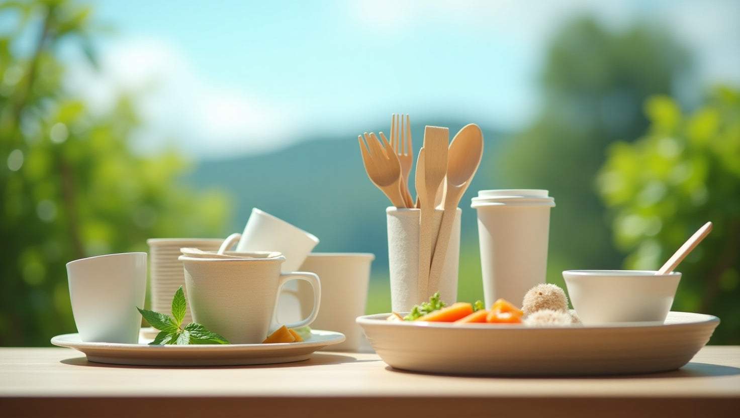 A collection of biodegradable products including packaging, utensils, and bags made from natural materials, displayed with green leaves symbolizing eco-friendliness
