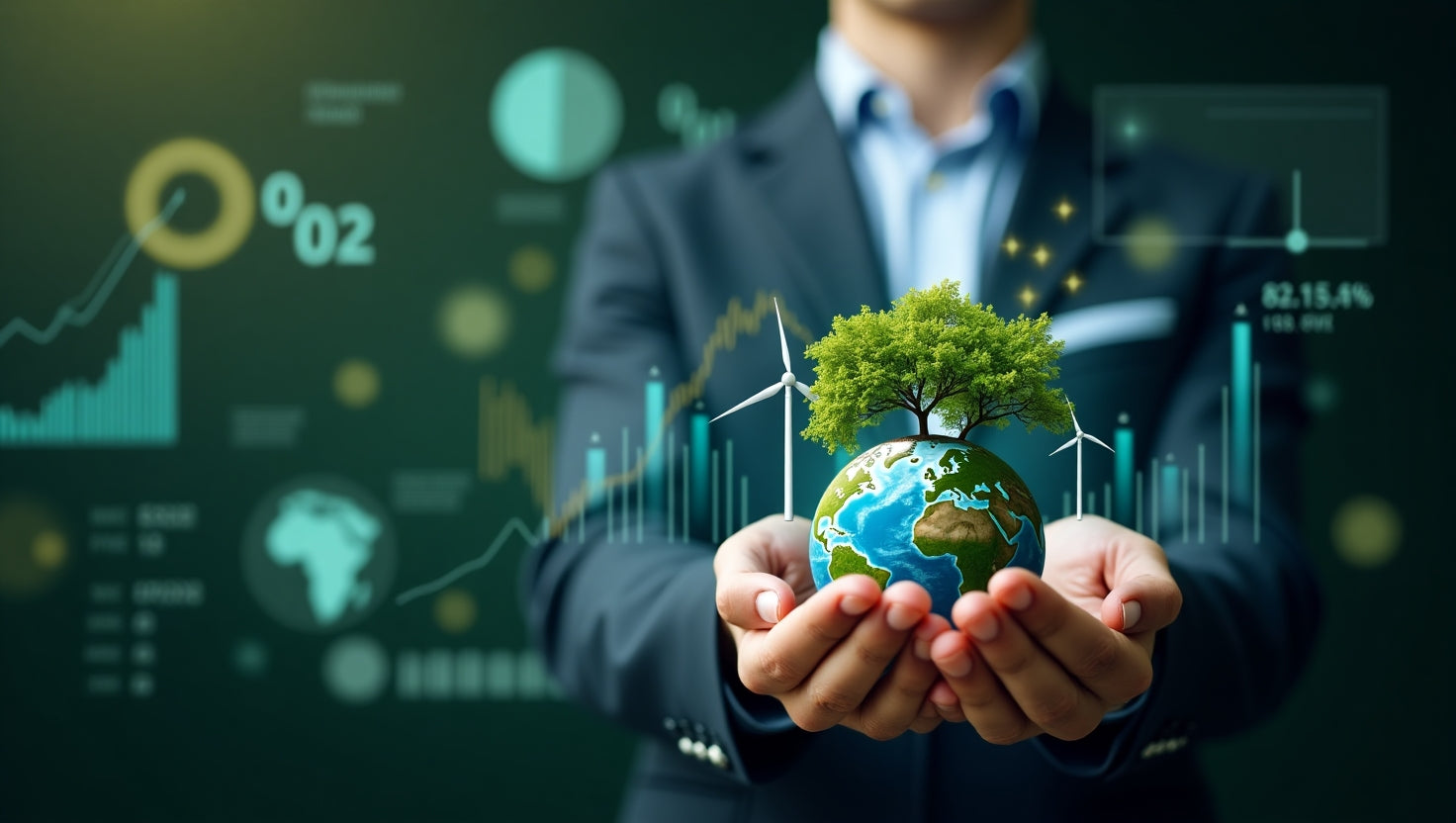 Professional illustration showing a carbon trading example with companies exchanging carbon credits in a digital marketplace