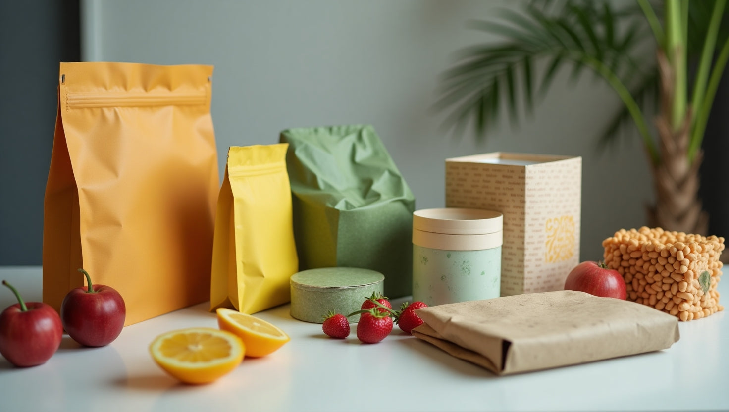 Various eco packaging ideas including biodegradable boxes, reusable bags, and plant-based materials arranged on a wooden table with green leaves symbolizing sustainability